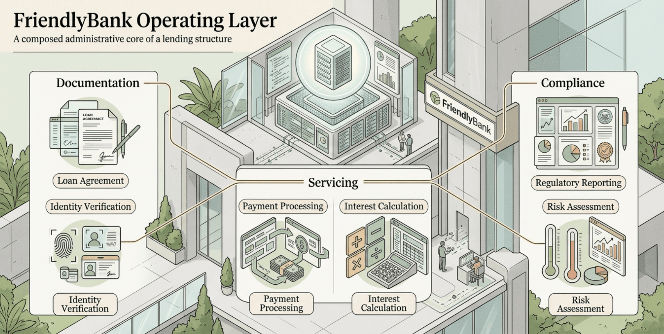 Friendly Bank operating layer showing documentation, servicing, and compliance functions.